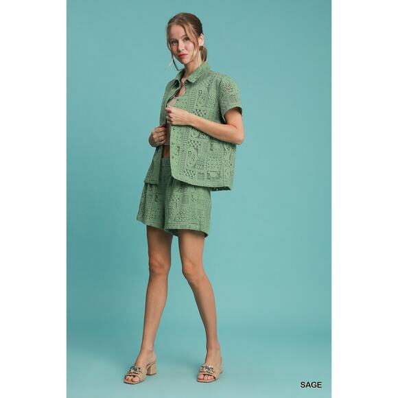 Umgee Lace Patches Detail Short Sleeves Button Down Relaxed Fit Shirt | Sage - Picture 6 of 7